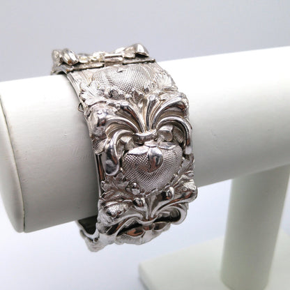 Whiting & Davis Floral Wide Hinged Bracelet, Rhodium Plated, Book Piece, 1970s Vintage Jewelry