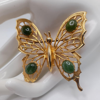 Vintage Hobe’ Gold Butterfly Brooch with Green Gemstones – 1960s Jewelry