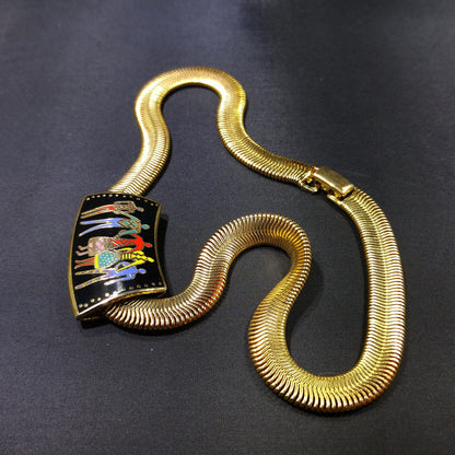 Laurel Burch "Familia" Cloisonne Necklace, Gold Plated Omega Chain, 1980s Vintage Jewelry