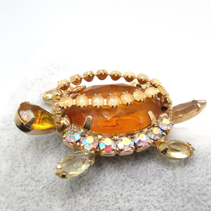 Turtle Brooch, Juliana Style Open Back Rhinestones, Gold Plated, 1960s Vintage Jewelry