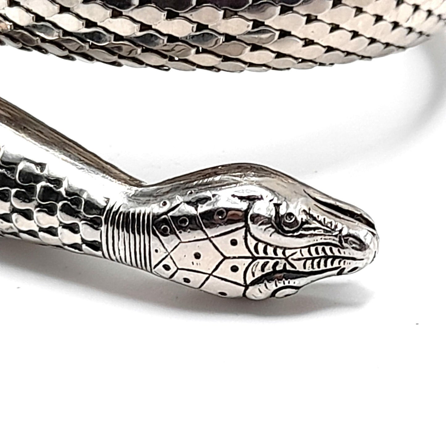Whiting & Davis Snake Mesh Coil Bracelet, Rhodium Plated, Book Piece, 1970s Vintage Jewelry