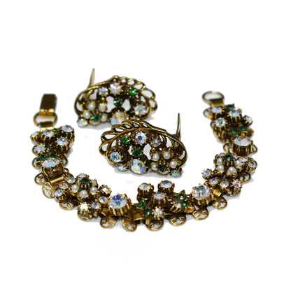 Florenza Rhinestone Bracelet & Earrings, Book Piece, Faux Pearls, 1960s Vintage Jewelry