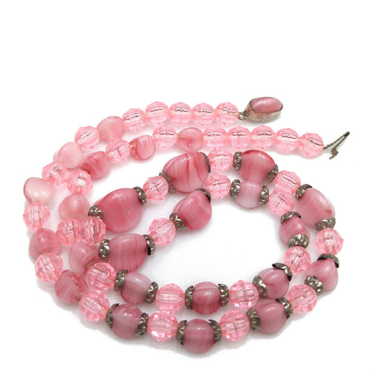Czech Glass & Thermoset Beaded Necklace, Pink Art Glass Beads, 1940s Vintage Jewelry