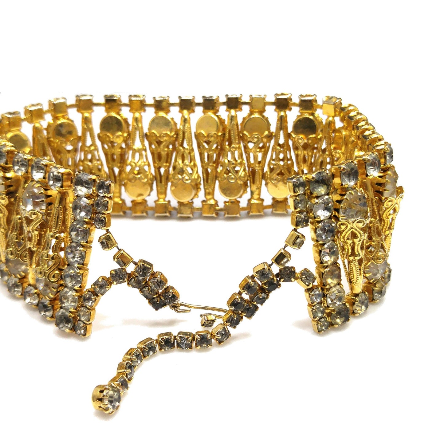 Vintage Gray Rhinestone Gold Filigree Cone Choker Necklace 1950s