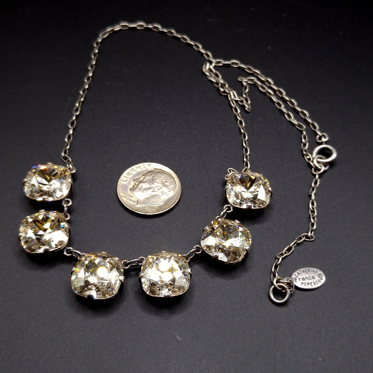 Catherine Popesco Art Deco Style Necklace, Clear Crystal Rhinestones, Silver Plated French Jewelry, 1980s Vintage Necklace