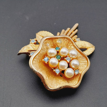 Vintage Ledo 1962 Floral Brooch, Gold Plated Faux Pearl Rhinestone Pin, Signed Mid Century Jewelry