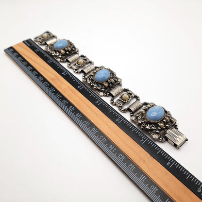 Vintage Blue Lucite Book Chain Bracelet, Faux Pearls, Silver Tone, 1950s, 7 3/4"
