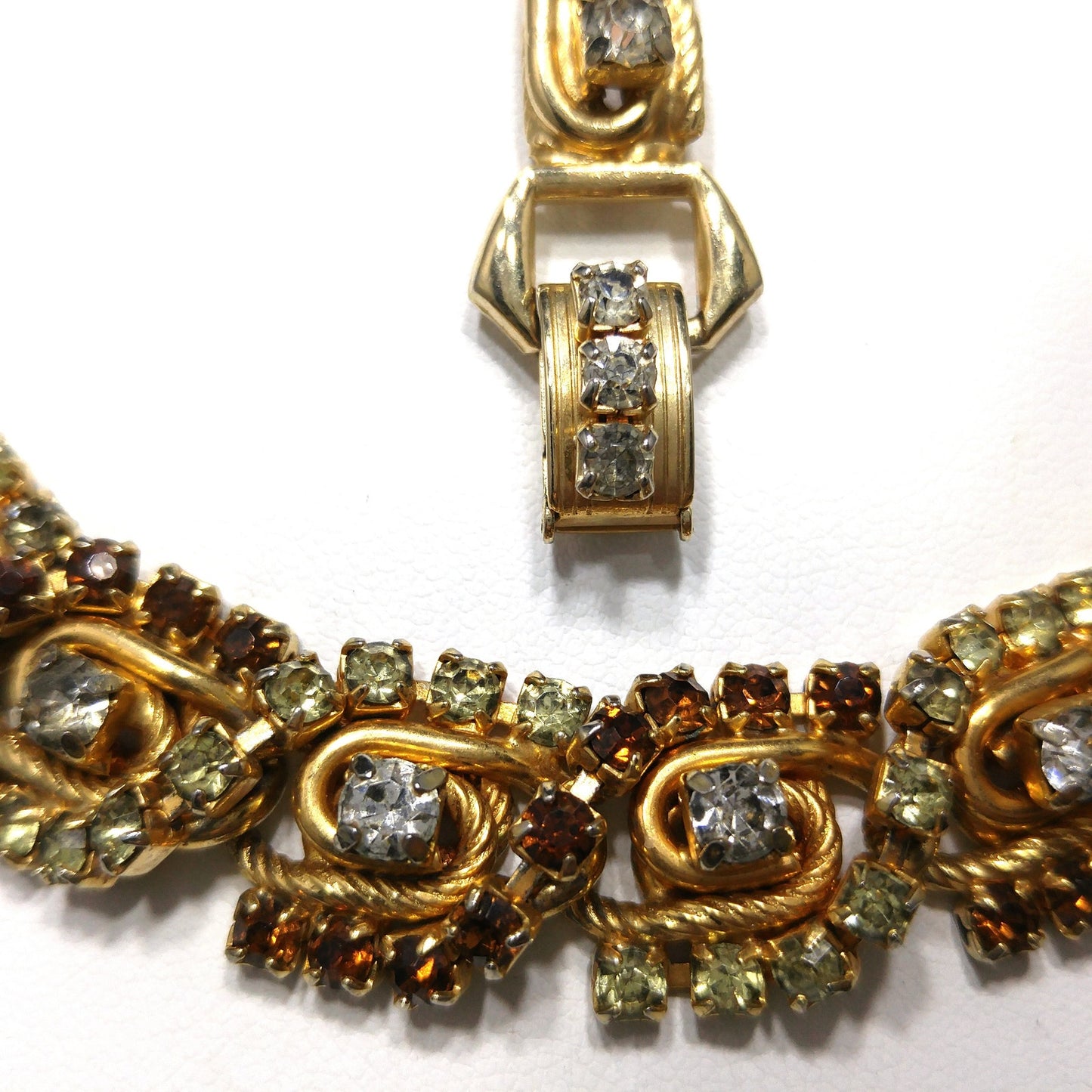 Hobe' Topaz Lt. Green Clear Rhinestone Necklace Bracelet Set, Gold Plated, 1960s Vintage Jewelry
