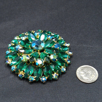 Green Aurora Borealis Rhinestone Brooch, Gold Plated, Two Tier, 1960s Vintage Jewelry
