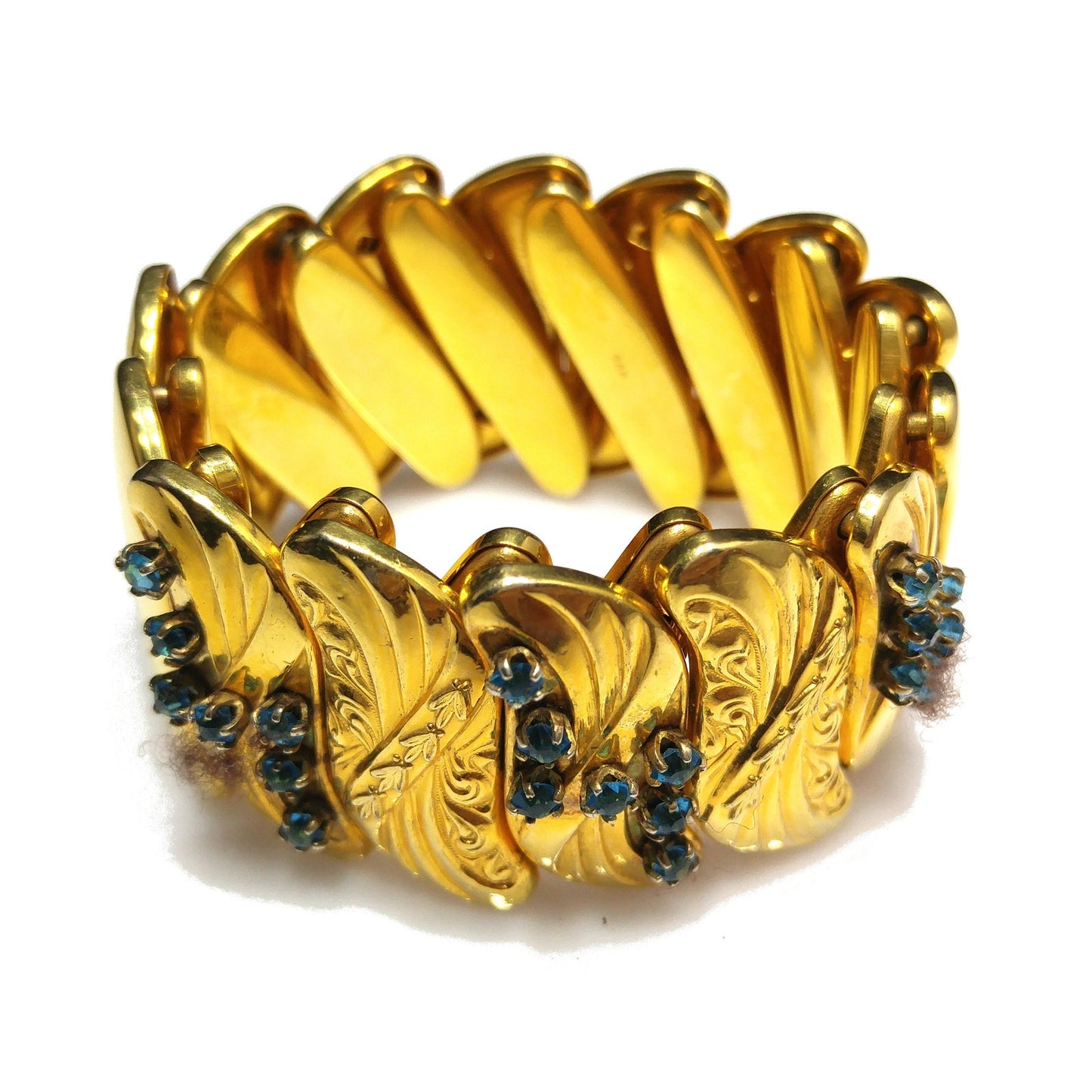 Bugbee & Niles Expansion Bracelet, Turquoise Rhinestones, 1940s Vintage Jewelry