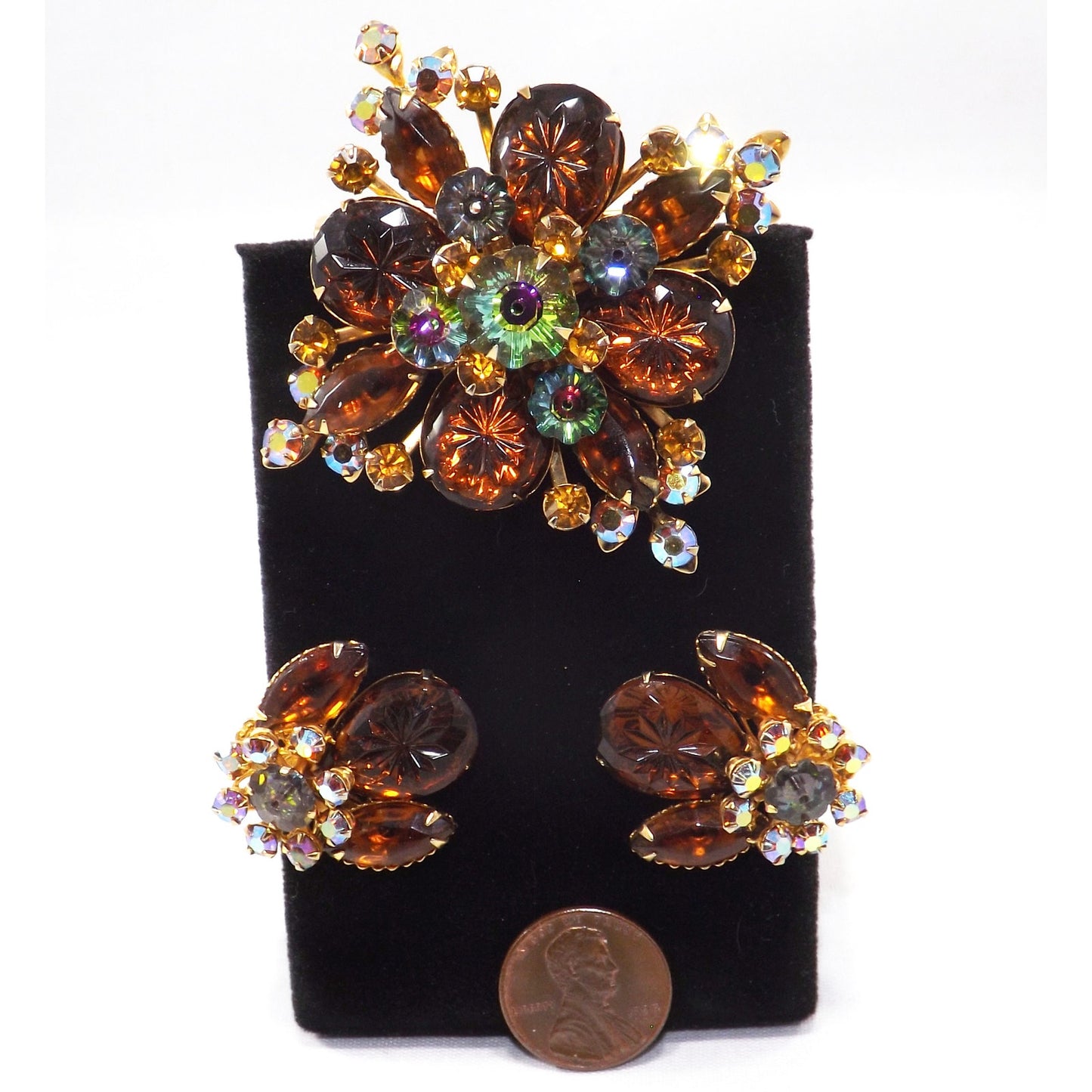 Vintage Beau Jewels Root Beer Molded Glass Watermelon Rhinestone Brooch Set