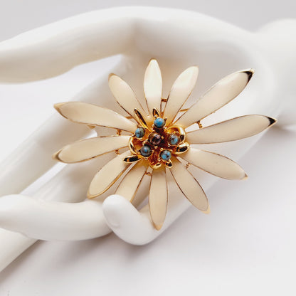 Vintage Large Cream Enamel Gold Plated Daisy Flower Brooch