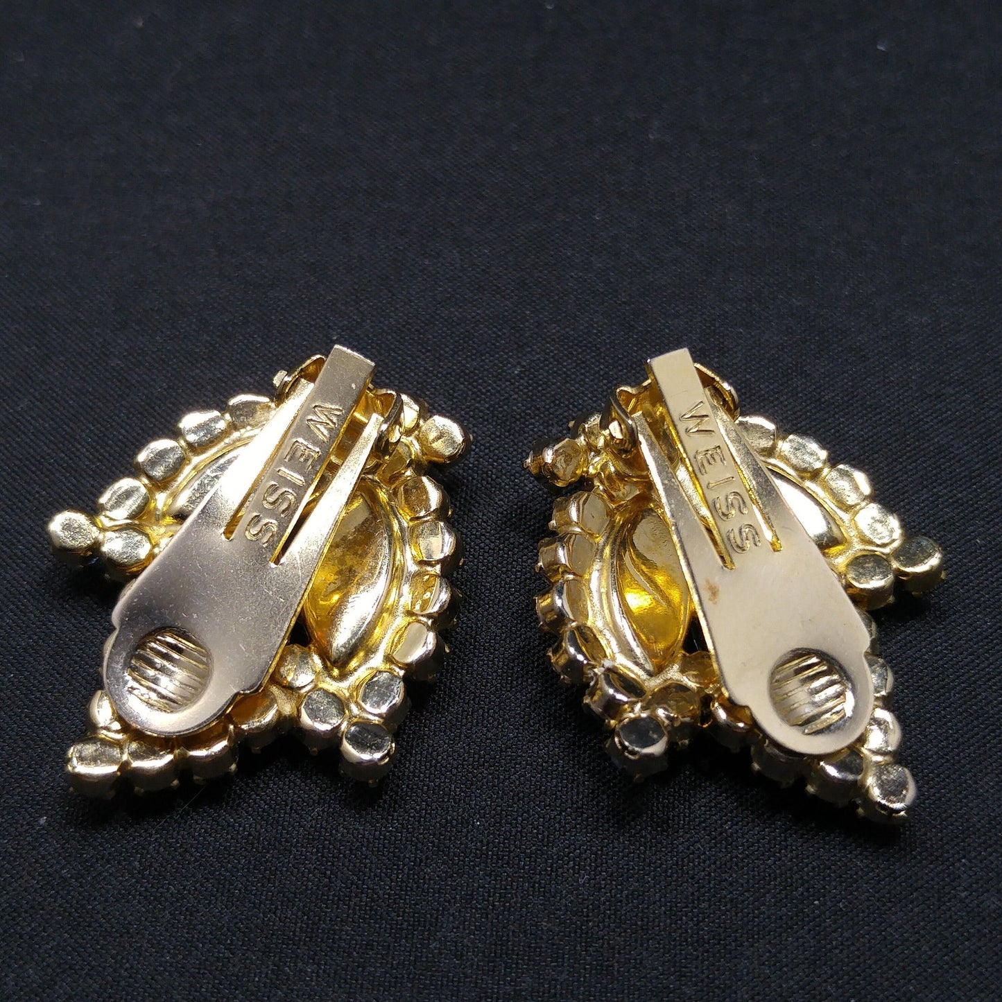 Weiss Light Blue Rhinestone Clip Earrings, Gold Plated, 1960s Vintage Jewelry