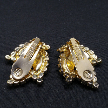 Weiss Light Blue Rhinestone Clip Earrings, Gold Plated, 1960s Vintage Jewelry