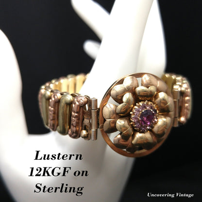 Antique Lustern Expansion Sweetheart Bracelet, 12KGF Sterling, Purple Rhinestones, 1920s Vintage Jewelry