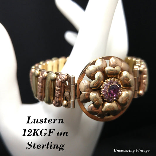 Antique Lustern Expansion Sweetheart Bracelet, 12KGF Sterling, Purple Rhinestones, 1920s Vintage Jewelry