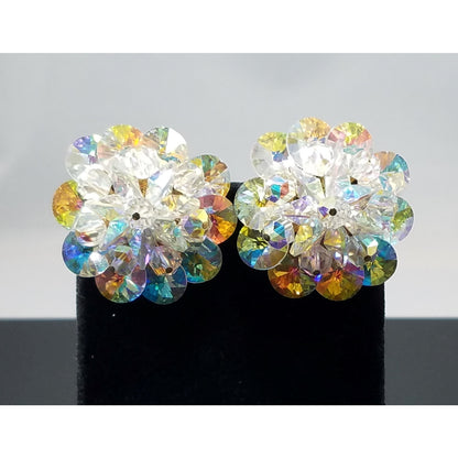 Laguna Aurora Borealis Crystal Earrings, 1950s Clip On Vintage Jewelry