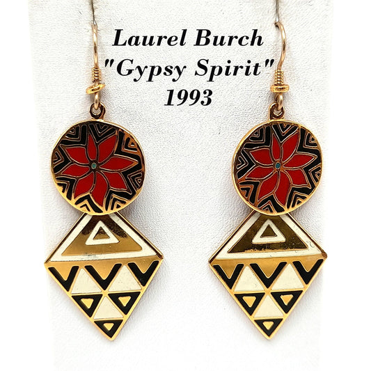 Laurel Burch "Gypsy Spirit 1993" Long Earrings, Gold Plated, GF Ear Wires, 1990s Vintage Jewelry