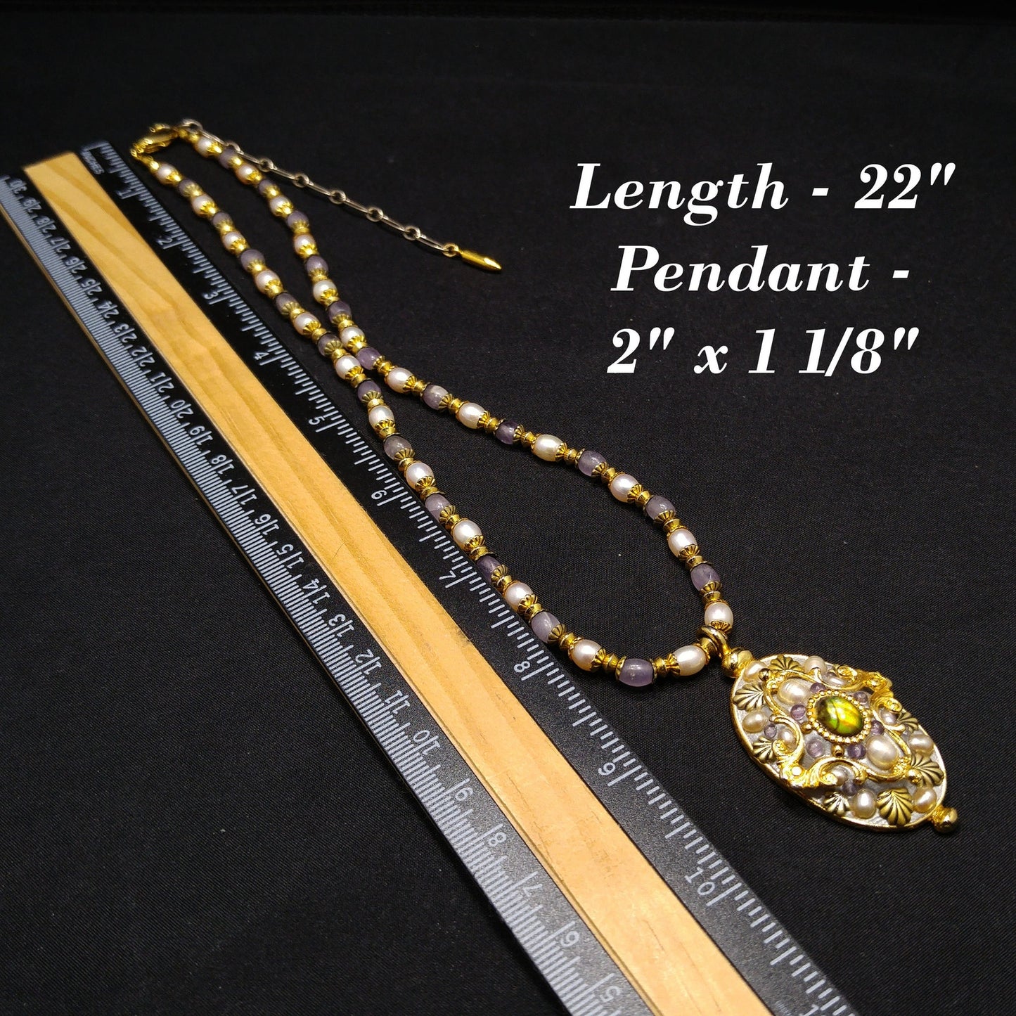 Michal Golan Amethyst Beaded Pendant Necklace, Faux Pearls, Artisan Vintage Jewelry
