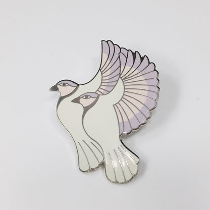 Vintage Laurel Burch "Hummingbirds" Pendant Brooch, White Gold Cloisonne, 1980s