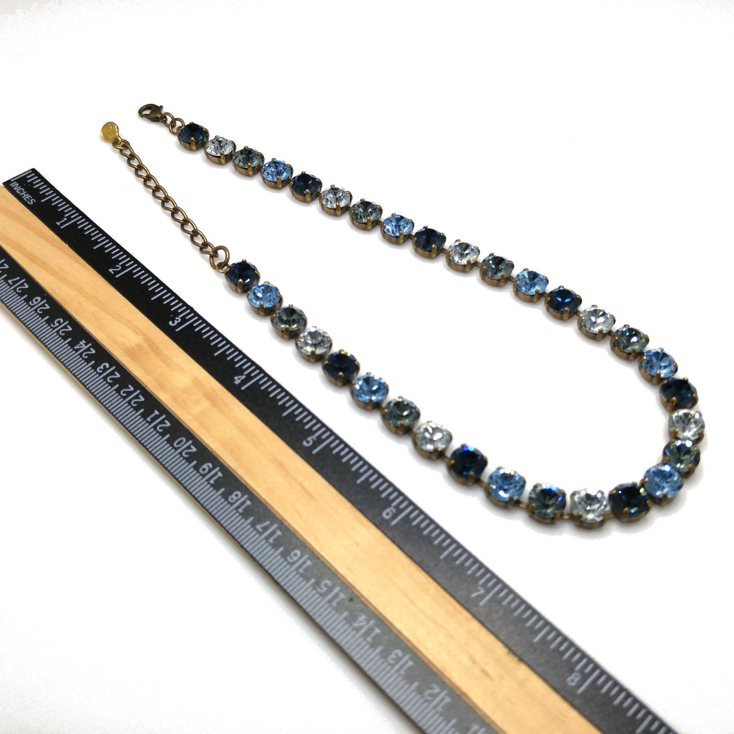 Vintage 1990s Germany Blue Crystal Rhinestone Necklace Gold Tone Choker