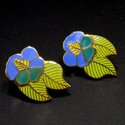 Vintage Laurel Burch Blue Green "Hibiscus" Post Earrings, Gold Plated