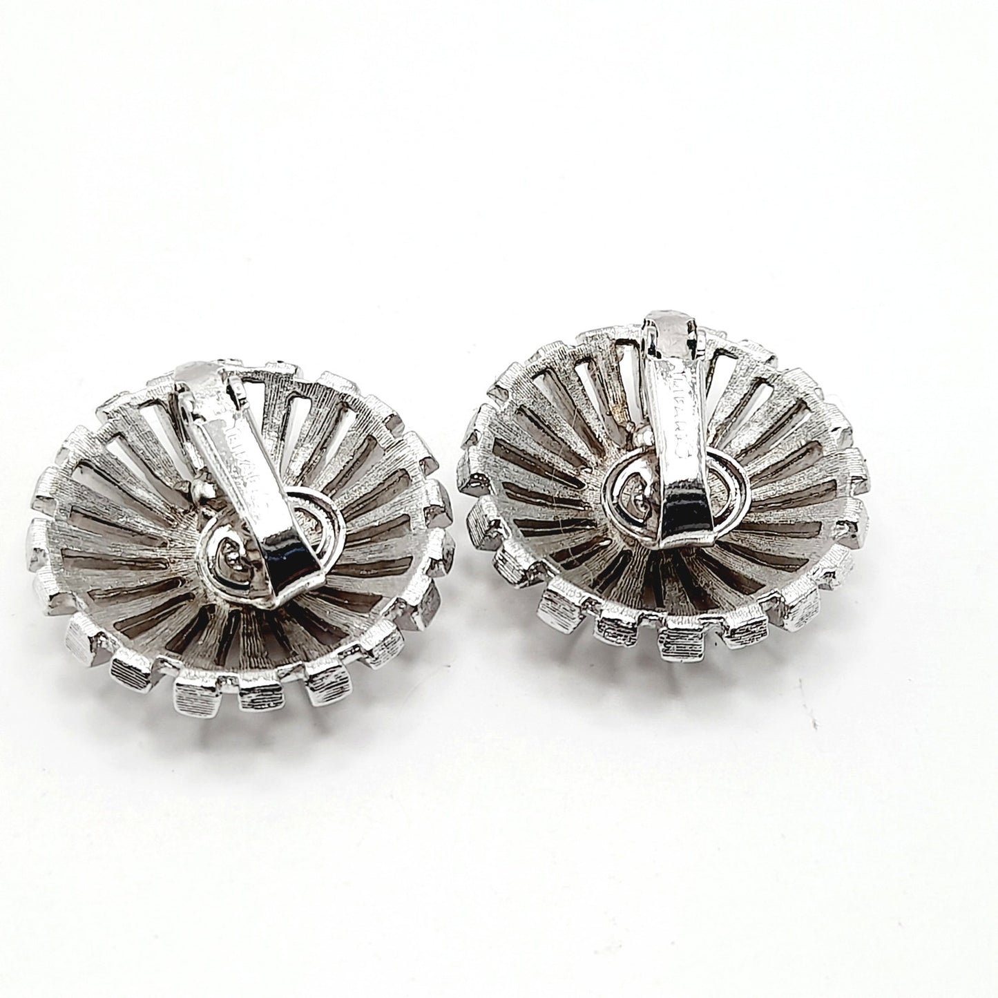 Vintage Crown Trifari Rhodium Plated Clip Earrings, Mid-Century Sunburst Jewelry
