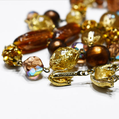 Vendome 1950s Two-Strand Topaz & Bronze Art Glass Necklace | AB Swarovski Crystals, Gold Filigree Beads, Signed Hook Clasp