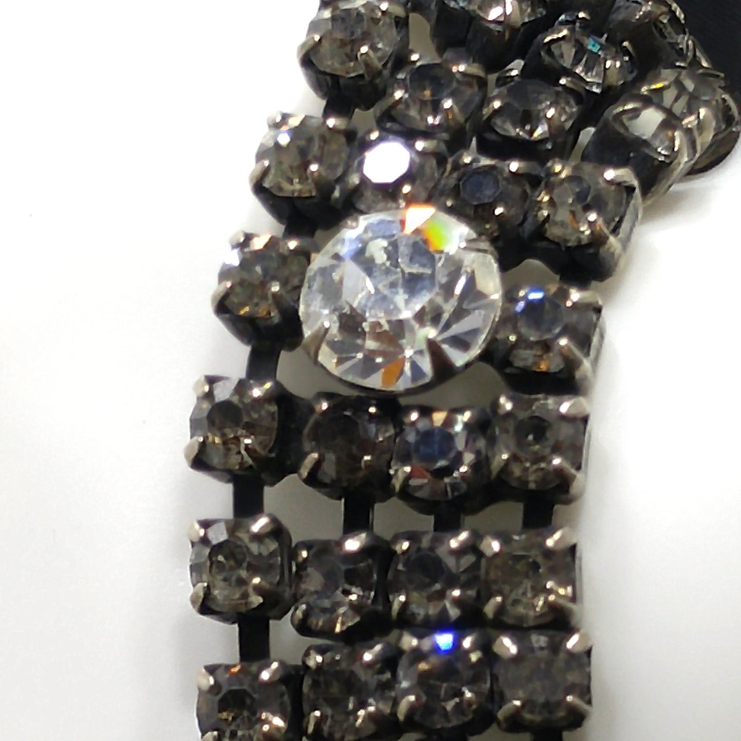 Vintage Kramer Black Clear Crystal Rhinestone Bracelet, Silver Plated, 1950s