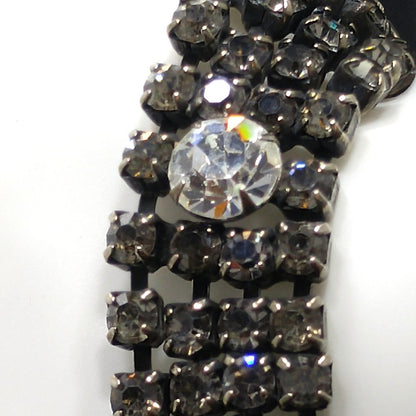 Vintage Kramer Black Clear Crystal Rhinestone Bracelet, Silver Plated, 1950s