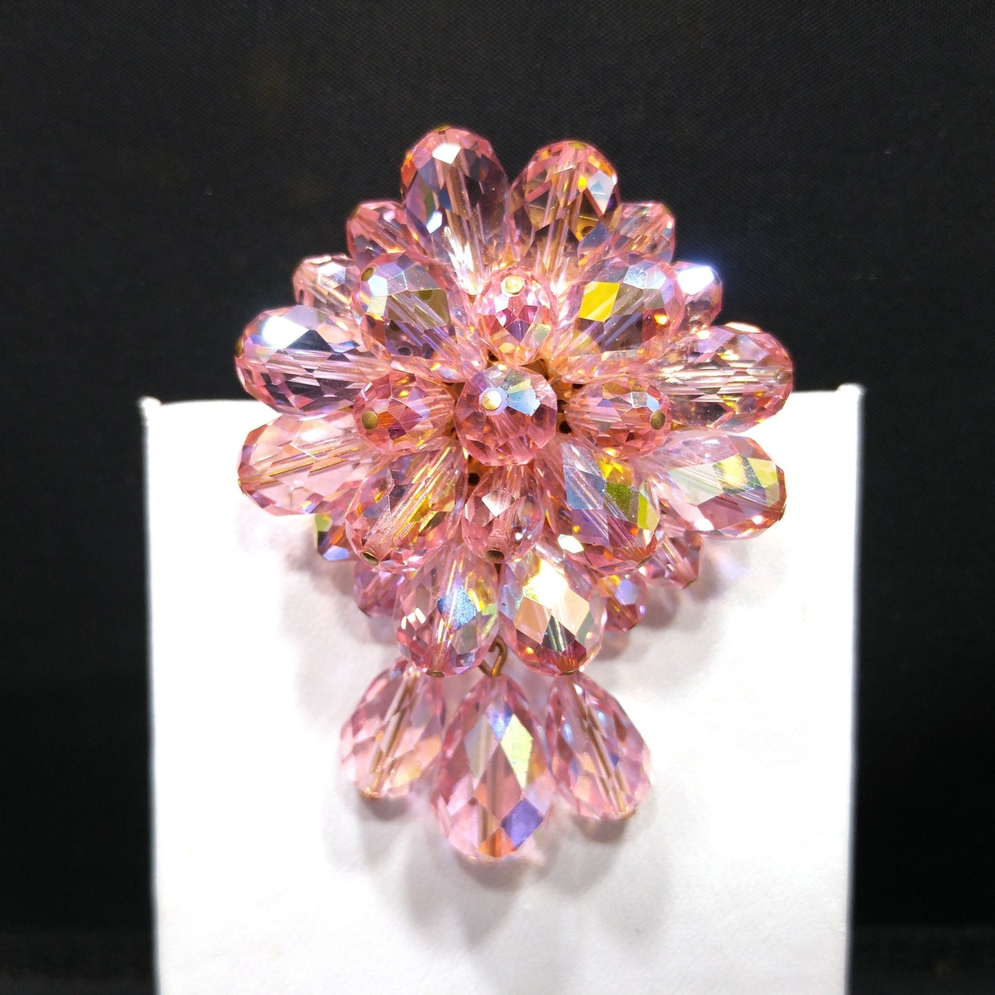Pink Aurora Borealis Beaded Brooch, Three Bead Dangles, 1960s Vintage Jewelry