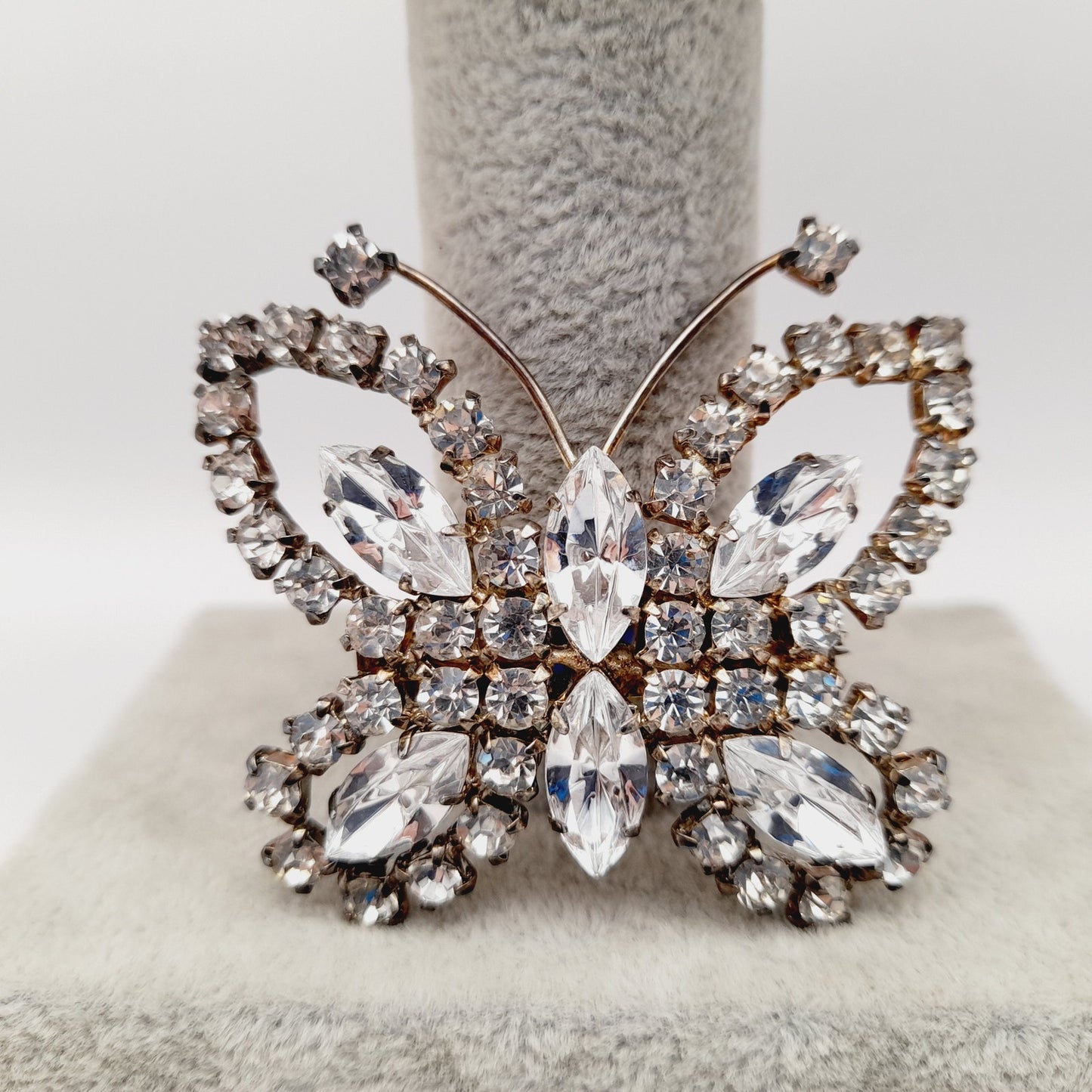 Vintage Mid-Century Clear Rhinestone Butterfly Brooch Pin Silver Tone