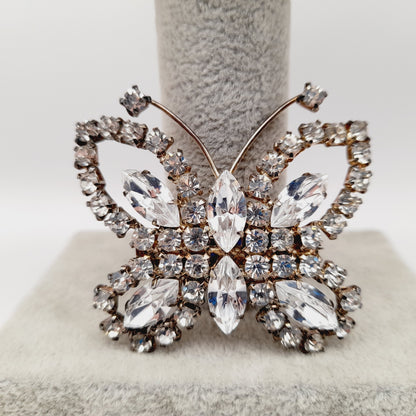 Vintage Mid-Century Clear Rhinestone Butterfly Brooch Pin Silver Tone