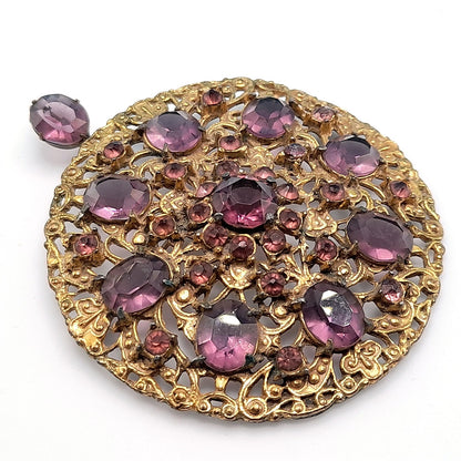 Vintage 1930s Purple Glass Brooch Pendant, Pot Metal, 3 1/2 Inches