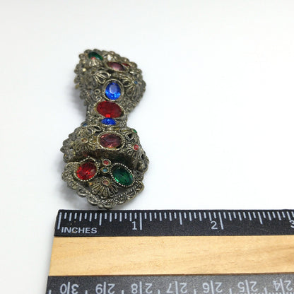 Vintage Rhinestone Floral Bow Brooch, Filigree Flowers, 1930s Jewelry