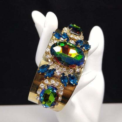 Brass Cuff Bracelet, Watermelon Crystal Rhinestones, Golden Brass, Clear & Sapphire Blue Rhinestones, Vintage Jewelry