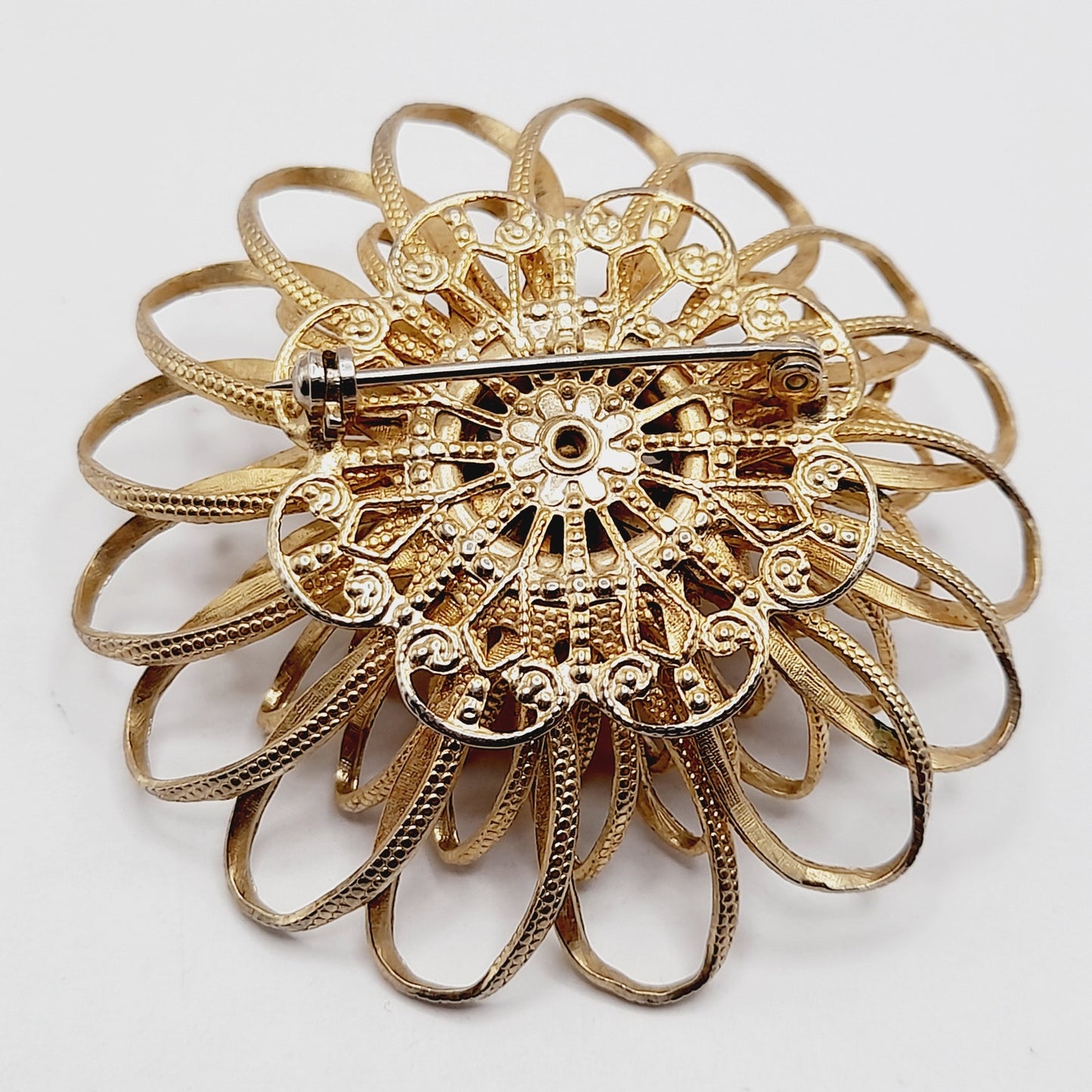 Vintage 1950s Gold Tone Floral Brooch, Faux Pearl Rhinestone Center, Mid-Century Jewelry