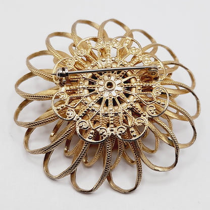 Vintage 1950s Gold Tone Floral Brooch, Faux Pearl Rhinestone Center, Mid-Century Jewelry