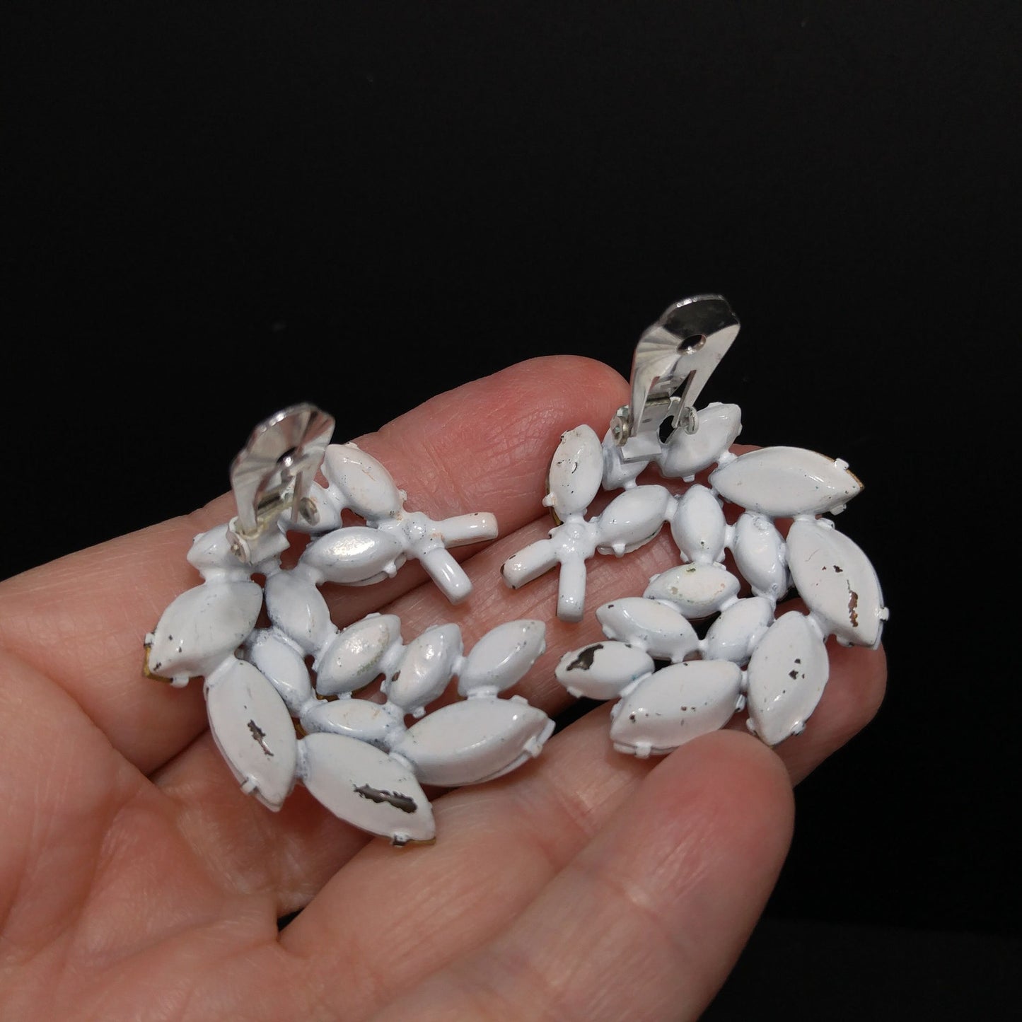 Regency Jewels White Enamel Brooch & Earrings Set, Milk Glass Clear Rhinestones
