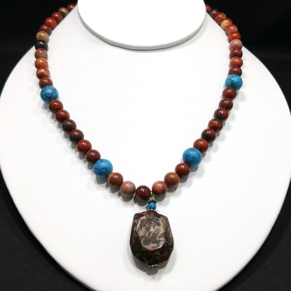 Gemstone Pendant Beaded Necklace, Red Jasper, 1980s Vintage Jewelry