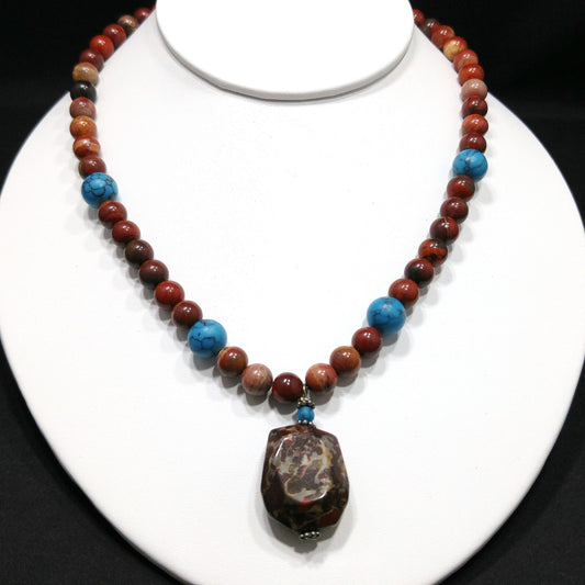 Gemstone Pendant Beaded Necklace, Red Jasper, 1980s Vintage Jewelry