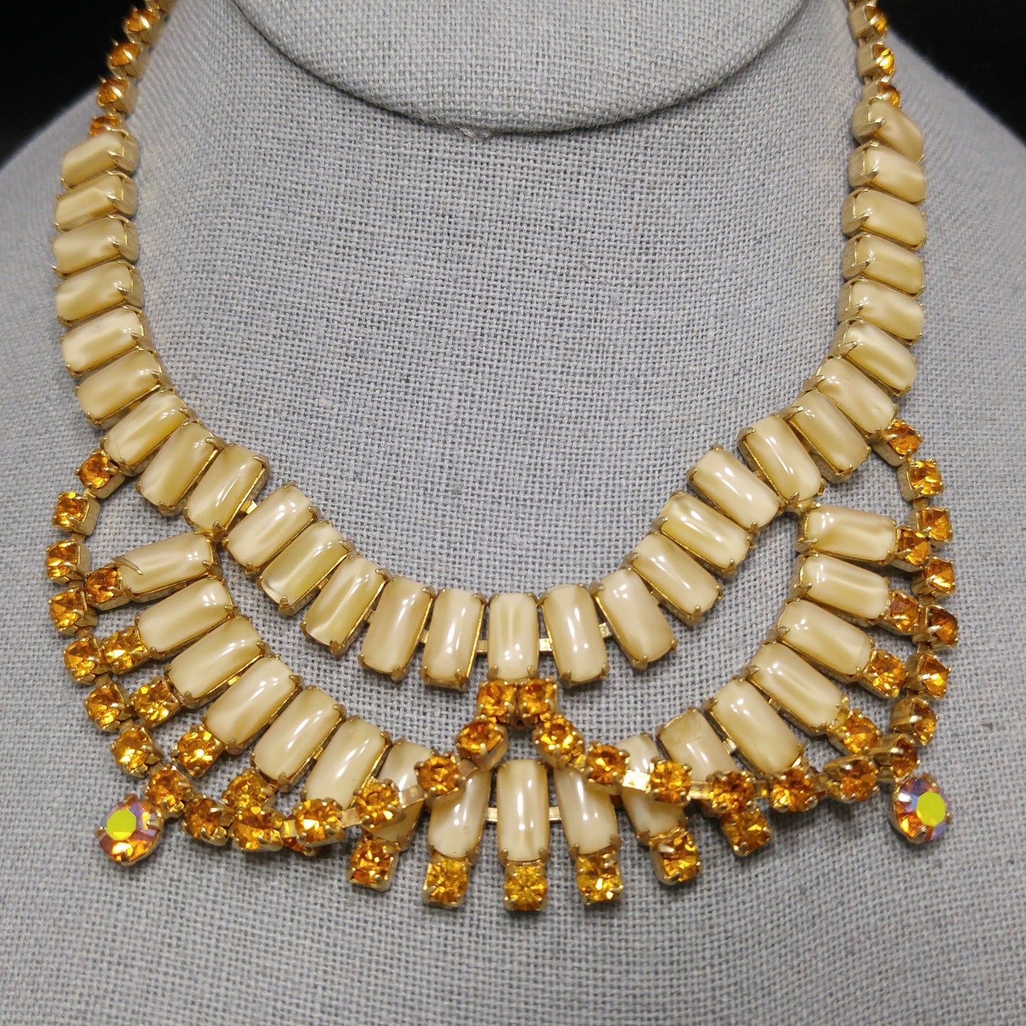Vintage Weiss Festoon Topaz Rhinestone Necklace, Book Piece, Art Glass & Rhinestones