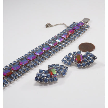 Vintage Rhinestone Bracelet Earring Set, Red Aurora Borealis Emerald Cut