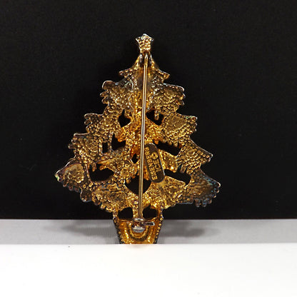 Eisenberg Ice Christmas Tree Brooch, Enamel Leaves, Rhinestones, 1970s Vintage