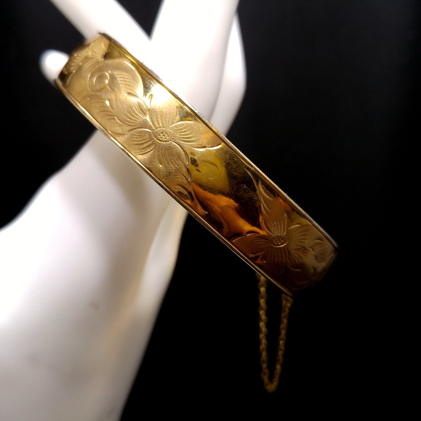 Victorian 12 KT Gold Filled Bracelet, Safety Chain, Floral Embossed, 1930s Vintage Jewelry