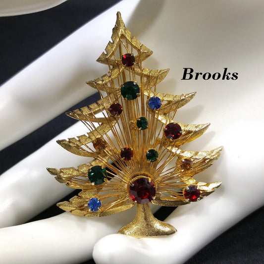 Vintage Brooks Harp Christmas Tree Brooch, Gold Tone, Multicolor Rhinestones, 1960s Holiday Pin