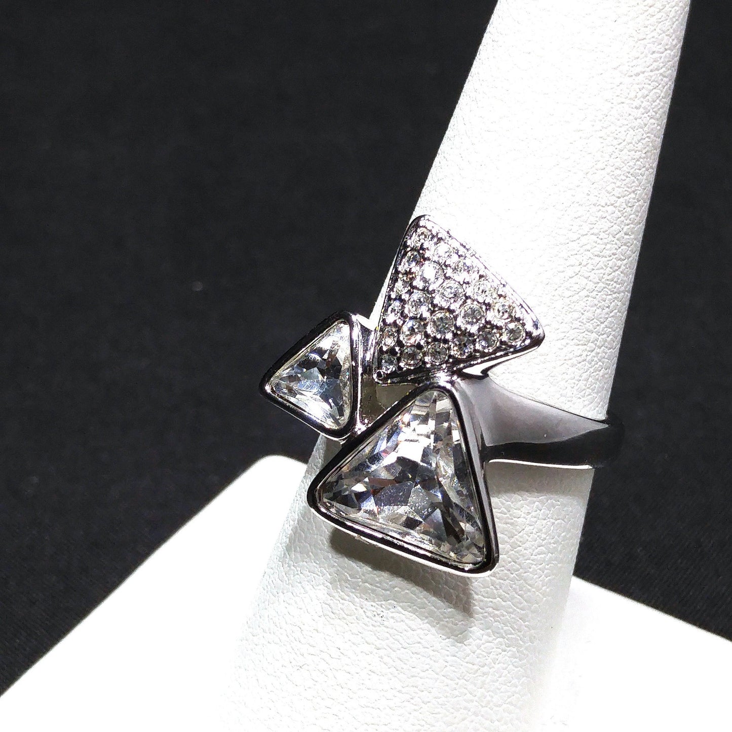 Swarovski Three Triangle Ring, Crystal & Pave, Rhodium Plated, Size 7.5
