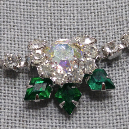 Vintage Green Clear Rhinestone Choker Necklace, Aurora Borealis, Rhodium Plated, 1960s Vintage Jewelry