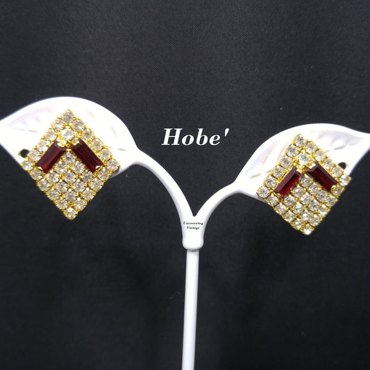 Hobe' Designer Red Clear Rhinestone Clip Earrings, Gold Plated, 1960s Vintage Jewelry
