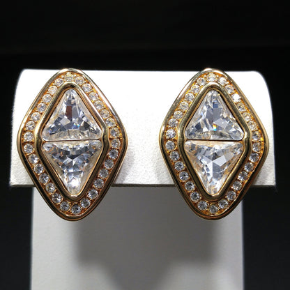 Vintage Swarovski Swan Logo Clear Crystal Clip Earrings Gold Plated 1990s